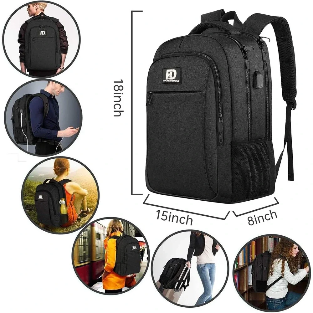 FD Explore The World Laptop Backpack Black Travel USB Charging Port 18 Inch Bag